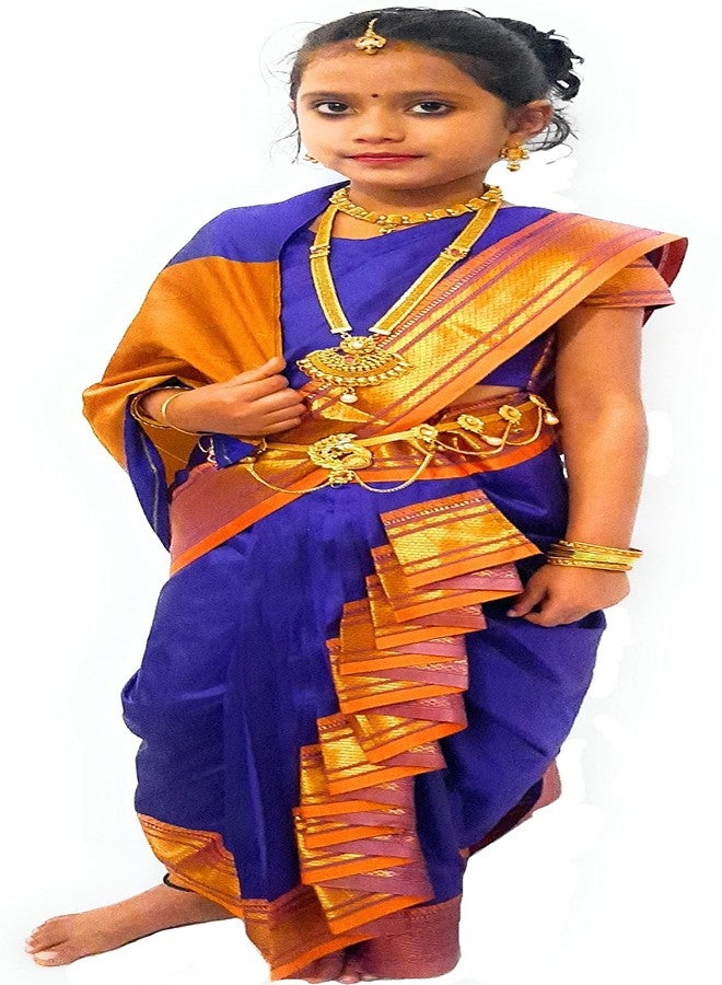 Luster Shahi Mastani Nauvari saree for baby girl Ready-to-wear Traditional belgaon silk paithani border Maharashtrian saree, use for School program, ganpati puja festival (Blue, 15-16 Years) - Image 1